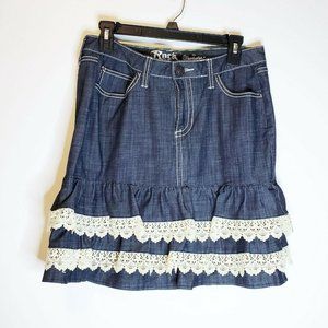 WRANGLER Rock 47 Ultra Low Rise Skirt Denim Ruffled Lace Western Sz 29